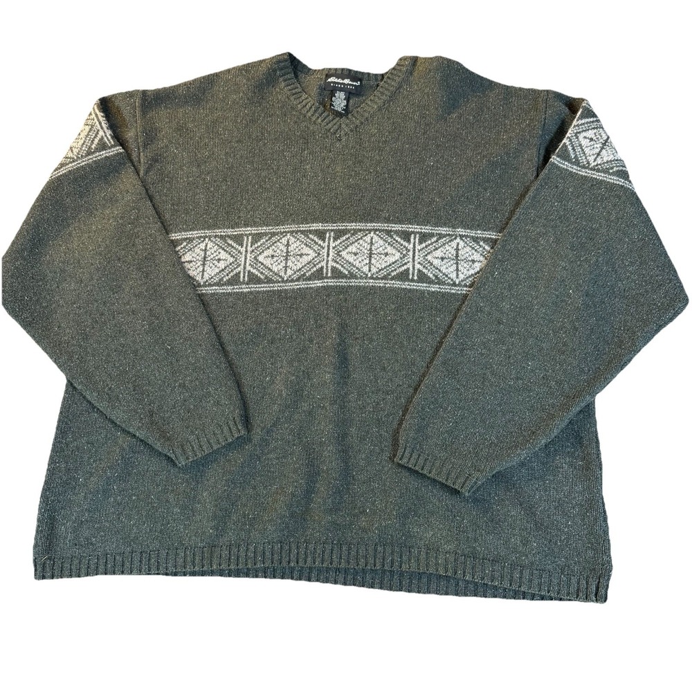 VTG Eddie Bauer V Neck Knit Sweater Wool Blend XXL Green